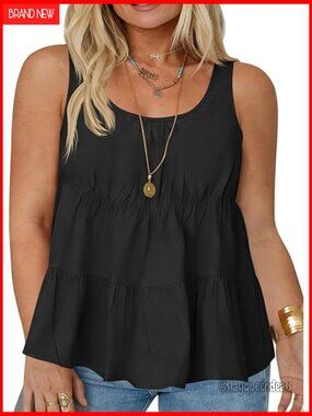 Plus Size Peplum Babydoll Tank Top Loose Fit 100% Cotton Flowy Blouse